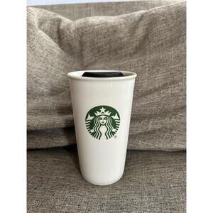 Starbucks White Tumbler With Siren Logo 10 oz Black Drink Through Lid Ceramic